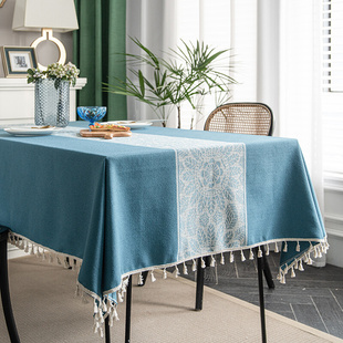 蓝色复古轻奢高级感桌布布艺餐桌布茶几棉麻桌旗北欧法式会议台布