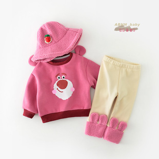 婴儿加绒套装秋冬装韩版女宝宝卡通小通卫衣两件套儿童分体套装潮