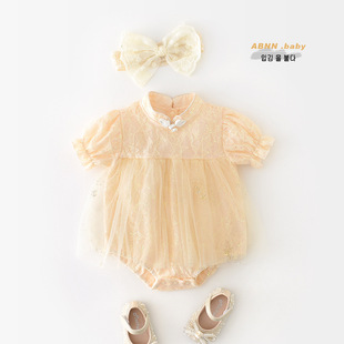 婴儿周岁礼服纱裙夏装新款女宝宝中国风蕾丝短袖爬服新中式包屁衣