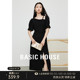 Basic House/百家好泡泡袖开叉连衣裙夏季设计感收腰短袖小黑裙子