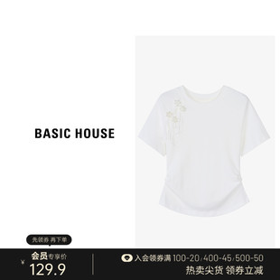 Basic House/百家好新中式流苏盘扣设计T恤捏褶收腰显瘦短袖上衣