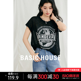 Basic House/百家好美式复古印花圆领针织背心夏休闲宽松无袖T恤