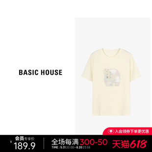 Basic House/百家好夏季新款个性刺绣T恤圆领可爱风宽松短袖棉T恤