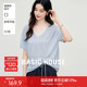 Basic House/百家好撞色镂空短袖针织衫女夏季假两件条纹抽褶上衣