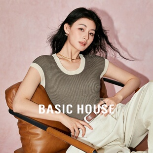 Basic House/百家好撞色圆领针织T恤女夏小个子修身显瘦短袖上衣