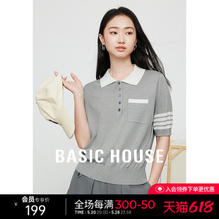 Basic House/百家好莱赛尔短袖针织衫polo领学院风套头撞色上衣夏