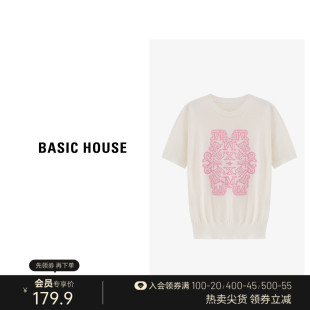 Basic House/百家好绵羊毛圆领针织衫女夏季新款温柔显瘦短袖上衣