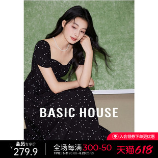 Basic House/百家好波点短袖连衣裙法式复古设计感中长款高腰裙子