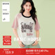 Basic House/百家好美式复古撞色插肩袖上衣夏季新款短袖针织衫女