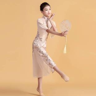 儿中国AHZ韵民族童风古典舞蹈跳舞弹力旗袍身练功表演出服装叭喇
