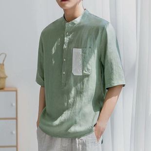 亚麻短袖t恤男2024夏季新款绿色立领七分中袖衬衫宽松棉麻上衣潮