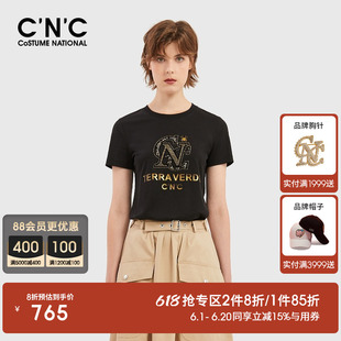 CNC轻奢女装重工字母LOGO烫钻短袖T恤女夏季黑色纯棉舒适圆领上衣