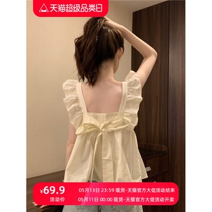 小飞袖短款上衣女夏法式吊带背心娃娃衫短袖蝴蝶结设计感无袖衬衫