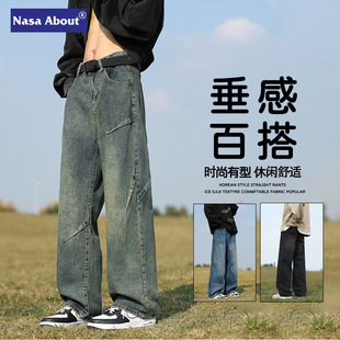 NASA复古牛仔裤男2024春季新款潮牌高街帅气阔腿裤青少年休闲长裤