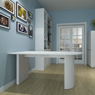 法式奶油风小户型岛台岩板餐桌靠墙实木家用半圆形桌子大理石餐桌