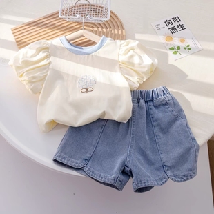 女童夏季新款套装纯棉上衣T恤牛仔短裤中小童女宝宝洋气可爱2件套