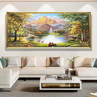 金山聚宝盆风景山水手绘油画轻奢欧式挂画美式客厅装饰画横款壁画