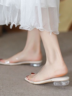 凉鞋女夏季平底拖鞋2024年新款低跟时装透明高跟鞋女外穿凉拖鞋女