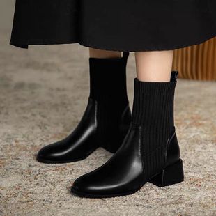 拼接设计瘦瘦靴女袜子靴2024年新款秋冬季方头短靴马丁靴中高跟鞋