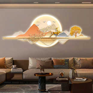 旭日东升带灯发光客厅装饰画沙发背景墙高端大气山水挂画2023新款
