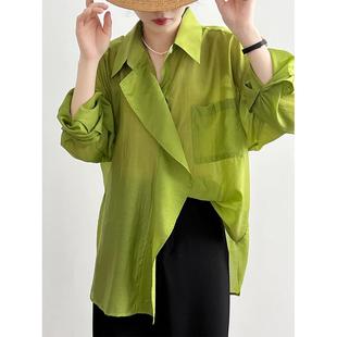 绿色冰丝衬衫女2024夏季新款时尚轻薄中长款衬衣微透宽松防晒罩衫