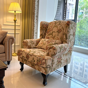 美式老虎椅单人沙发椅凳子复古实木布艺小法式轻奢别墅客厅休闲椅