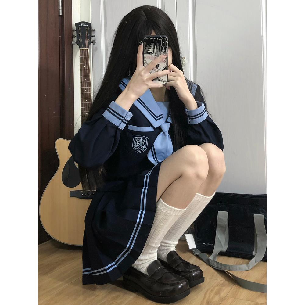 盐渍青梅jk日系原创制服学院风绀色上衣校供中间服水手服短裙套装