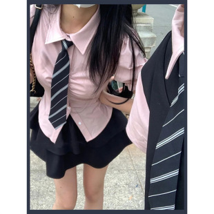 小田町jk学院风收腰纯欲短袖衬衫女辣妹显瘦夏季校供感上衣修身褶