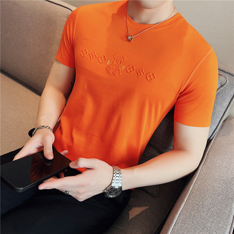 无痕新款上市弹力修身时尚凹凸立体设计字母印花短袖男T恤橙色
