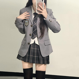 花千猪jk原创本佐中制服西装外套女秋冬学院风小个子灰色西服套装