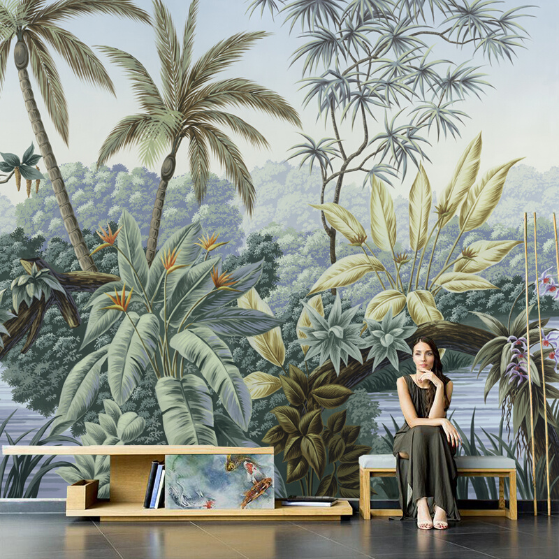美式东南亚热带雨林定制壁画客厅沙发电视背景墙壁纸手绘墙纸墙布