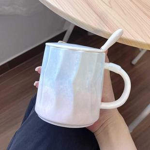 手绘杯子陶瓷马克杯带盖勺创意釉下彩高颜值情侣水杯咖啡杯早餐杯
