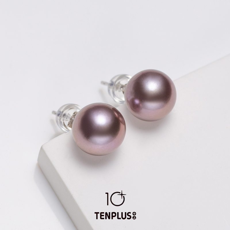TENPLUS/十上S925银淡水紫珠耳钉9-10mm