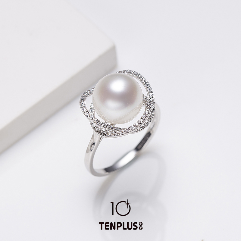 TENPLUS/十上18K金鸟巢澳白珍珠戒指10-11mm