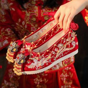 新娘结婚鞋配秀禾服汉服鞋子内增高古装中式婚礼红色古风绣花鞋女