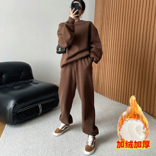 美式复古运动服卫衣套装女秋冬季加绒加厚宽松显瘦时尚休闲两件套