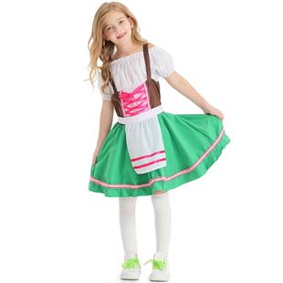 2023年外贸新品儿童服装德国传统啤酒节套装草绿色民族表演连衣裙