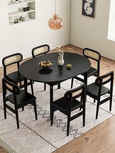全实木餐桌可伸缩法式复古黑色椭圆可折叠餐桌方变圆桌家用小户型
