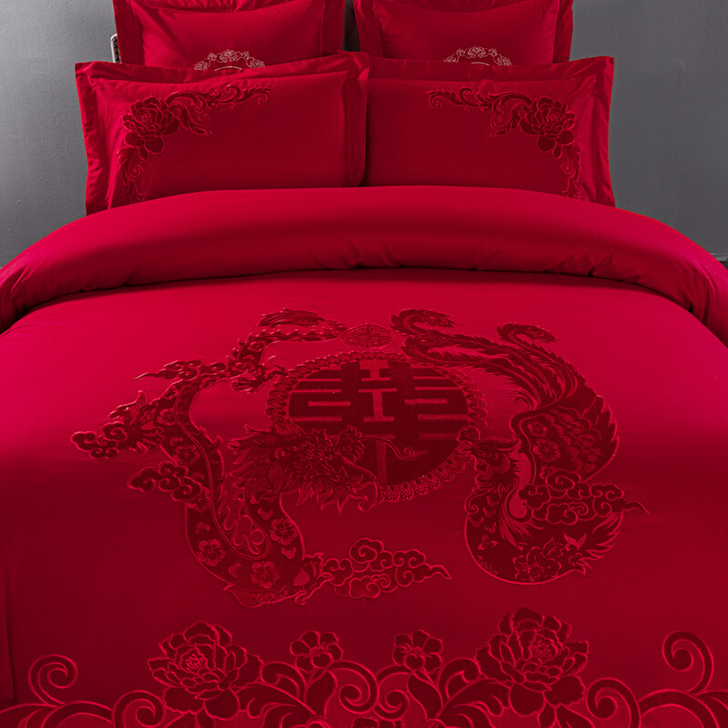 新品新中式婚庆四件套纯棉大红色100s长绒棉刺绣被套结婚喜被床上