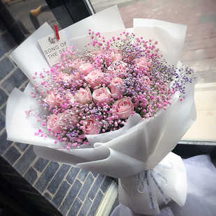 三八女神节红粉玫瑰花满天星花束鲜花速递同城生日广州配送女友