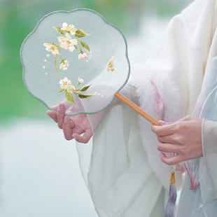 手工古风汉服刺绣团扇中国风旗袍扇子舞蹈专用跳舞圆扇夏天女扇子