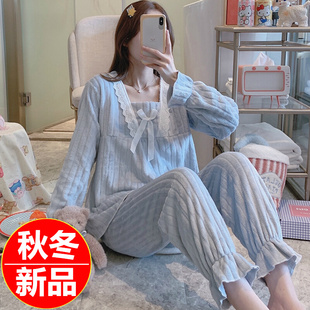 睡衣女秋冬季珊瑚绒2022年新款加绒加厚法兰绒套装家居服方领蓝色