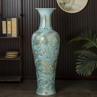 陶瓷器青玉釉雕刻龙纹描金大号花瓶轻奢摆件新中式落地客厅