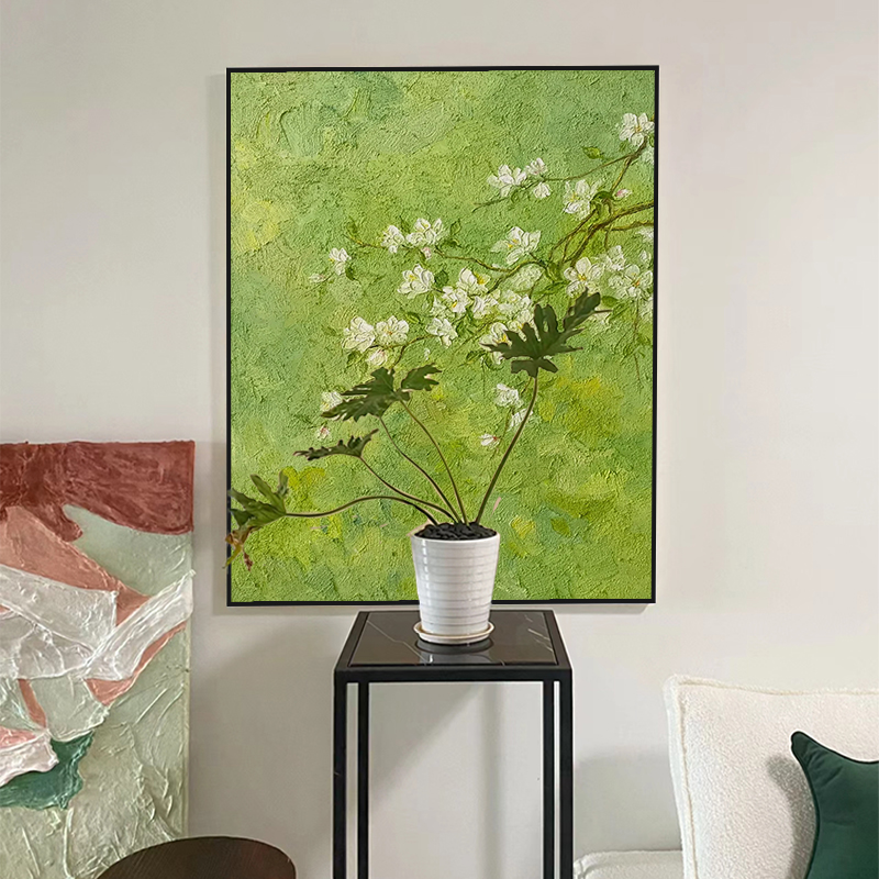 新中式海棠花卉肌理手绘油画玄关春意盎然绿色砂岩客厅装饰画挂画