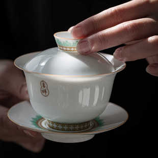 手绘三才盖碗单个不烫手甜白瓷薄胎景德镇茶具套装陶瓷茶杯泡茶碗