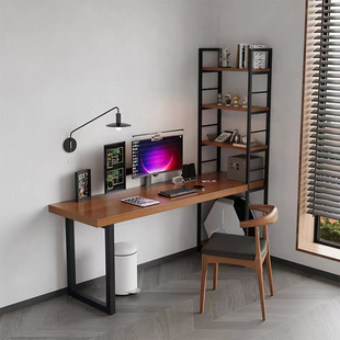 双人电脑桌台式loft实木书桌书架一体桌学生写字台靠墙桌子置物架
