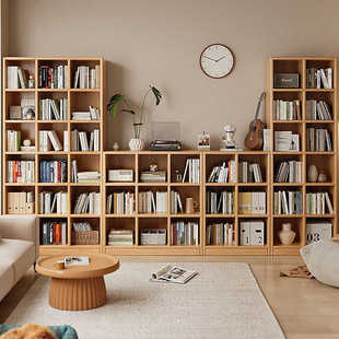 实木书架置物架落地一体整墙客厅自由组合格子柜靠墙家用多层书柜
