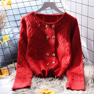 红色麻花短款毛衣外套女宽松外穿春季2023新款韩版洋气针织衫开衫