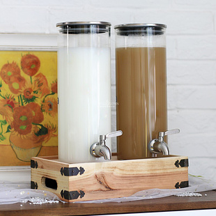 婚庆甜品台玻璃果汁罐带龙头木底座家用高硼硅耐热酒店自助饮料桶