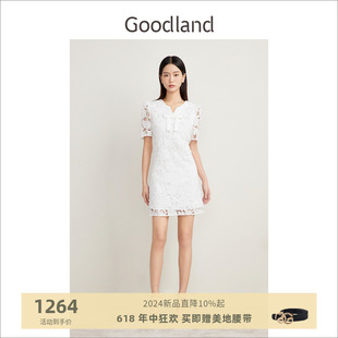 Goodland美地2024夏季新款优雅白色蕾丝连衣裙女短款蝴蝶结设计